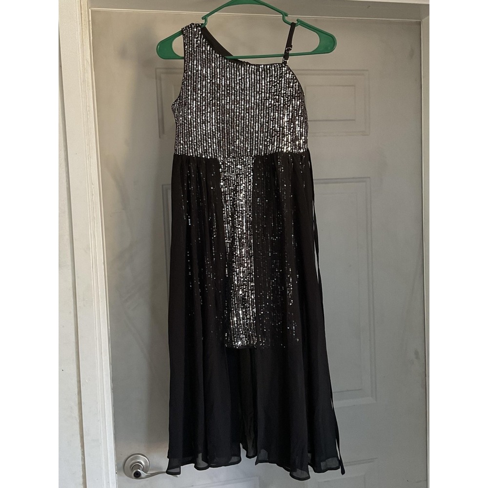 Grace Karin Dress Girls 12 Black One Shoulder Sequin Hi Low Chiffon Party Formal